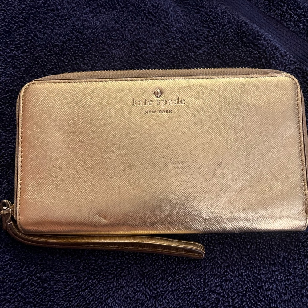 Kate Spade Gold Metallic Saffiano Leather Zip Around Wallet/Wristlet
